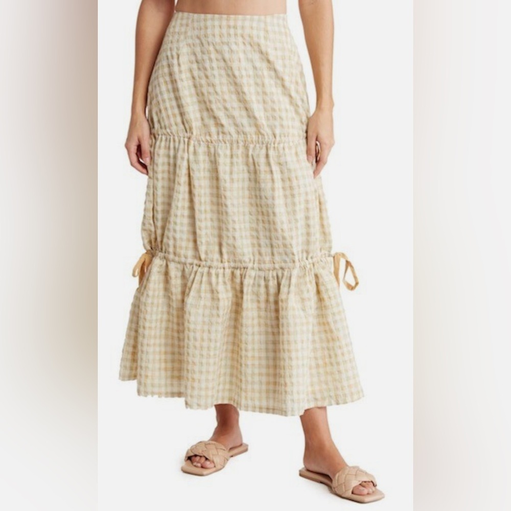 Mon Renn White Tiered Skirt Women's NWOT Lucille Marigold Plaid